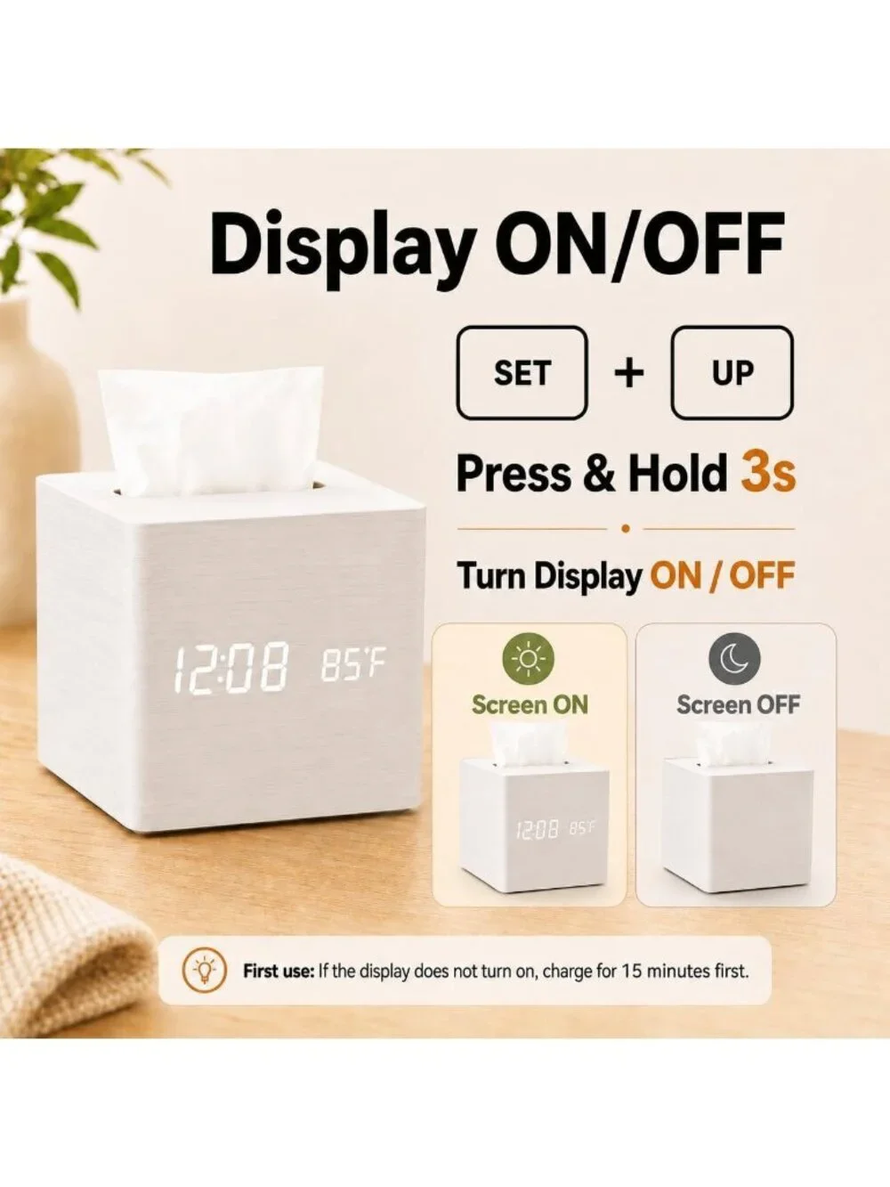 Home White Digital Cordless Alarm Temperature Display Wooden Tissue Box Clock